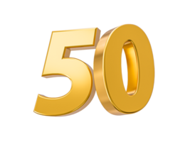 50 por ciento apagado en venta. oro por ciento aislado 50 aniversario celebracion 3d dorado números 3d ilustración png