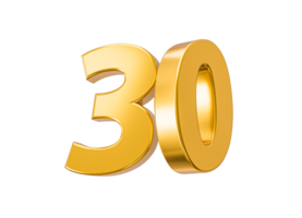 30 percent off on sale. Gold percent 30th Anniversary celebration 3D Golden numbers 3d Illustration png