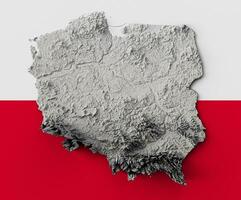 3d Poland Map Black And White Shaded Relief Texture Map On Poland Flag Background 3d illustration photo