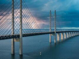 Panoramic aerial close up view of Oresund bridge over the Baltic sea photo