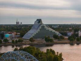 Aerial view of the Latvian National library at sunset. photo