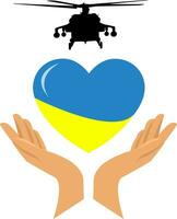 corazón forma con ucranio bandera, manos y helicóptero vector