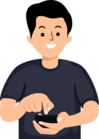 Smiling casual man using smartphone standing png