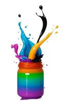 Multicolored paint splashing out of can isolated on white background. AI Generative photo