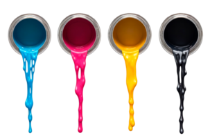 cmyk couleurs peindre égouttage en dehors de canettes isolé sur une transparent Contexte. ai génératif png