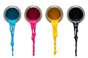 CMYK colors paint dripping out from cans isolated on a white background. AI Generative photo