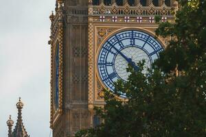 Closeup of famous Big Ben at Westminster with cloudy sky in background photo