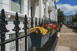 Flower pots hanging on railing of luxurious property in London photo