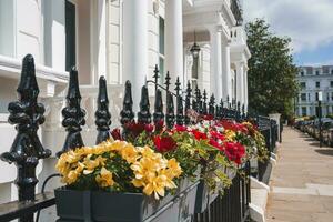 Flower pots hanging on railing of modern apartment in London photo