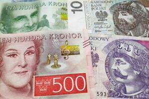 Stack of Swedish krona and Polish Zloty photo