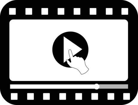 multimedia vídeo jugador forma con un mano prensado jugar botón. rodaje, radiodifusión o vídeo transmisión pictograma vector ilustración