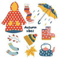 Autumn items, clothes, accessories, vector illustration. Hand drawn set with kettle,umbrella, rubber boots, raincoat, hat, socks and rain. Cute cozy colorful illustration.