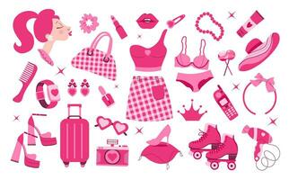 Big set of glamorous trendy pink stickers. Nostalgic barbiecore 2000s style collection. Used to create attractive jewelry, stationery. vector