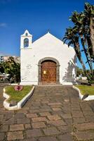 a white church with palm trees and a blue sky photo