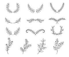 set of tree branches with leaves and flowers line style on white background vector