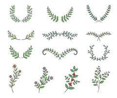 set of tree branches with leaves and flowers line with color style on white background vector