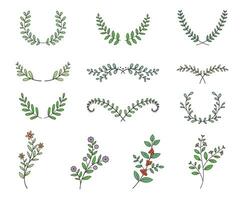 set of tree branches with leaves and flowers line with color style on white background vector