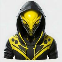 Ai generated Portrait of black and yellow futuristic alien creature in black hoodie on white background photo