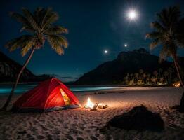 Ai generative camping scene with tent on sandy beach at night under palm trees photo