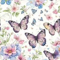 Ai generative seamless pattern artistic butterfly and flowers background, watercolor banner photo