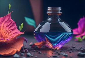 Ai generative concept shot, product presentation, empty glass bootle with copy space and flowers photo