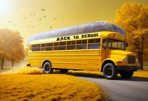 Ai generative yellow school bus, back to school concept, banner design photo