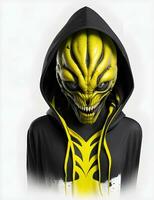 Ai generated Portrait of black and yellow futuristic alien creature in black hoodie on white background photo