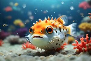 Ai generative cute colorful funny puffer fish portrait on the bottom of the ocean background design, wallpaper photo