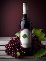 Product photography, red vine bottle decorated with red grapes on rustic wooden table photo
