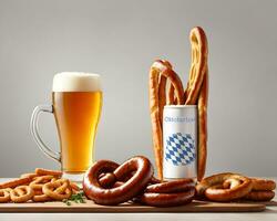 Ai generative Oktoberfest background, banner design with beer and bavarian pretzels photo