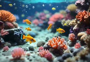 Ai generative underwater background with coral reef and cute fish, animal banner photo