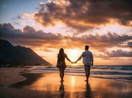 Ai generative scene with man and woman, couple in love holding hands at sunset on the beach photo