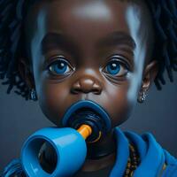Ai generative Portrait of adorable black baby doll with blue eyes wrapped in teal and orange blanket photo
