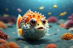 Ai generative cute colorful funny puffer fish portrait on the bottom of the ocean background design, wallpaper photo