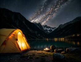 Ai generative camping scene with yellow tent and campfire by the lake with mountains under milky way in background photo