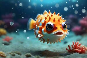 Ai generative cute colorful funny puffer fish portrait on the bottom of the ocean background design, wallpaper photo