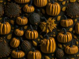 Ai generative autumn background design with pumpkins and fall leaves, banner photo