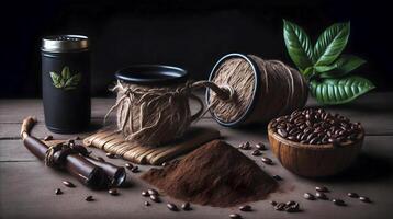 Concept, product presentation of caffe beans and caffe cup on wooden table photo