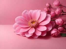 Ai generative pink background design with pink flowers, banner with copy space text photo