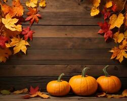 Ai generative aesthetic autumn banner design with fall leaves and pumpkins in wooden background photo