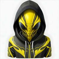 Ai generated Portrait of black and yellow futuristic alien creature in black hoodie on white background photo