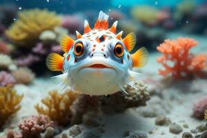 Ai generative cute colorful funny puffer fish portrait on the bottom of the ocean background design, wallpaper photo