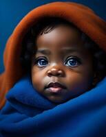 ai generativo retrato de adorable negro bebé muñeca con azul ojos envuelto en verde azulado y naranja cobija foto