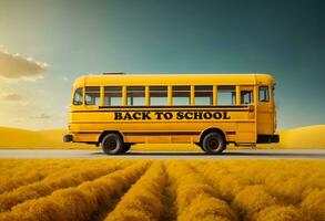 ai generativo amarillo colegio autobús, espalda a colegio concepto, bandera diseño foto