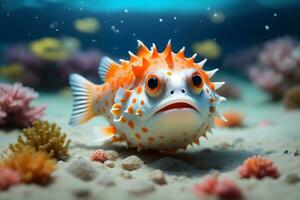 Ai generative cute colorful funny puffer fish portrait on the bottom of the ocean background design, wallpaper photo