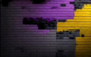 ai generado resumen artístico antecedentes de amarillo, púrpura y negro ladrillo pared foto