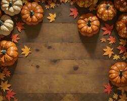 Ai generative autumn pumpkins and leaves background design, banner with copy space text photo