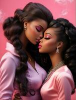 Ai generative Lesbian barbie doll kissing another barbie doll on pink background photo