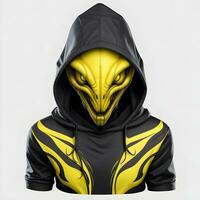 Ai generated Portrait of black and yellow futuristic alien creature in black hoodie on white background photo