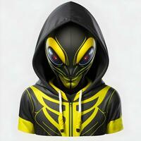 Ai generated Portrait of black and yellow futuristic alien creature in black hoodie on white background photo